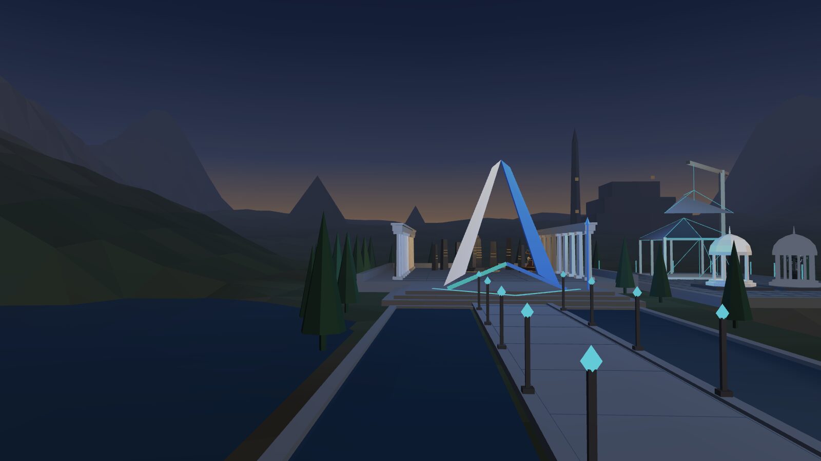 Still frame of the hero scene at dusk: a lamp-lined causeway between reflecting pools leads to a large blue-and-white A-shaped portal, with colonnades, a half-built pavilion and hills behind it.