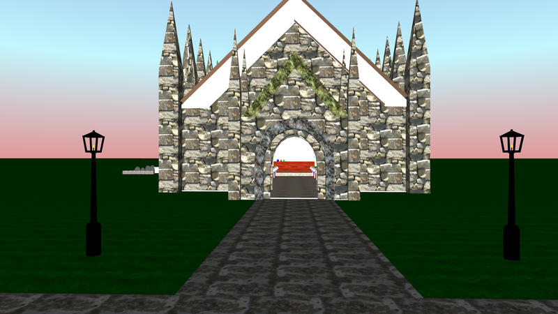 Church: a stone chapel with spires at the end of a paved path.