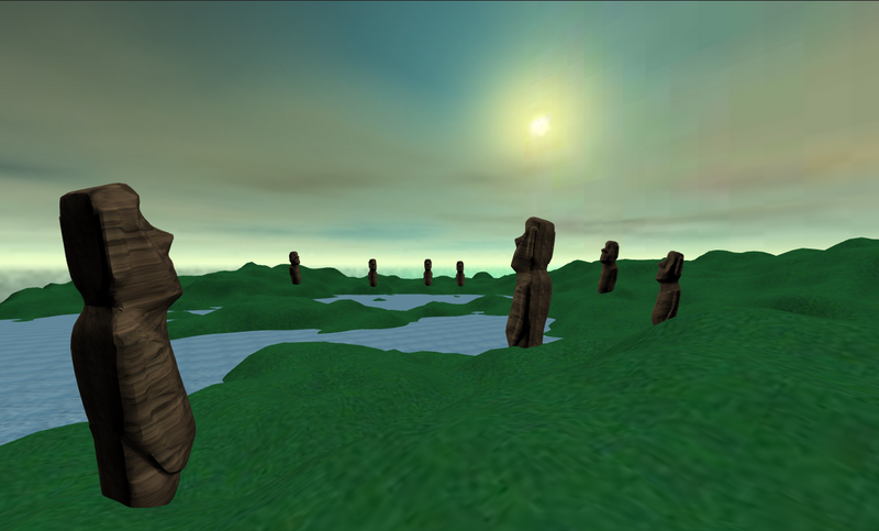 Easter Island: stone moai heads on a green island under a pale sun.