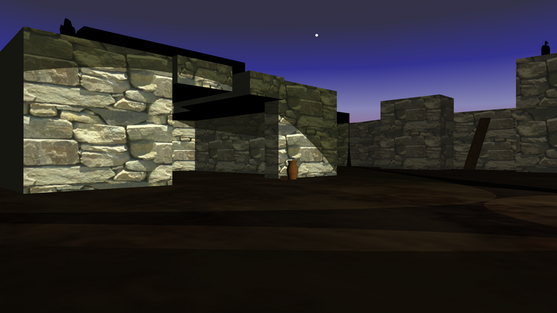 Old Marketplace: stone walls around a dim square at dusk.