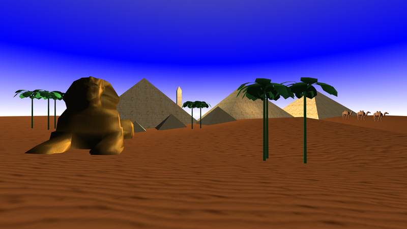 Pyramids of Giza: pyramids and a sphinx on desert sand with palm trees.
