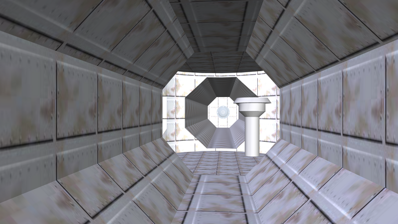 Space Station 6: a panelled corridor leading to an octagonal hatch.